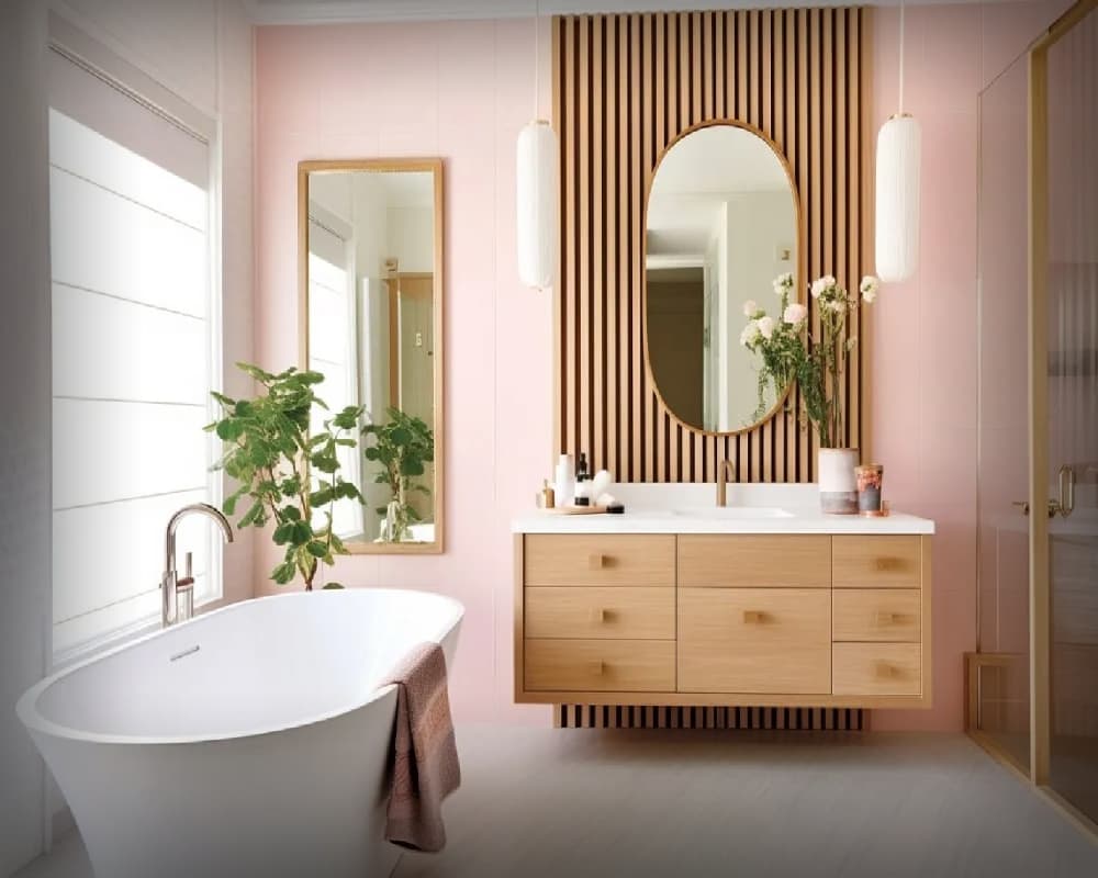 A serene, modern bathroom with a freestanding tub and walk-in shower.