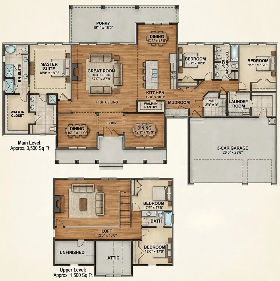 Architectural floor plans and 3D visualization example.