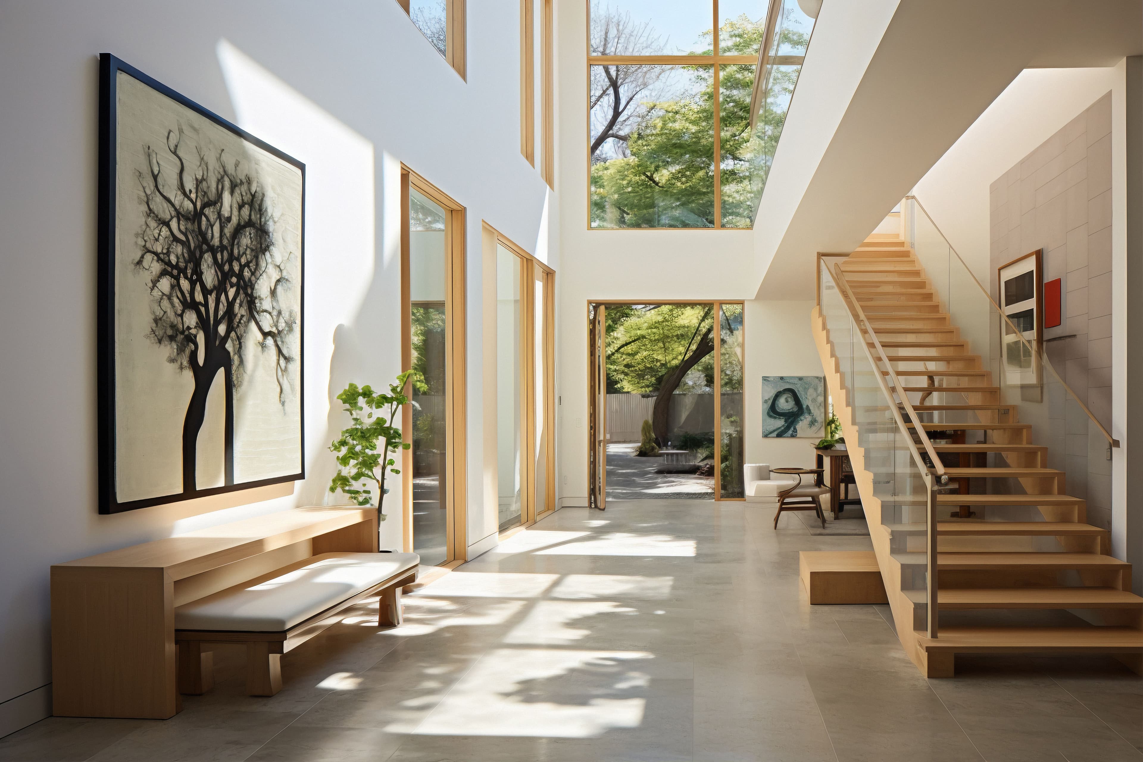 Modern open-concept kitchen and living room with custom cabinetry, large island, and abundant natural light.