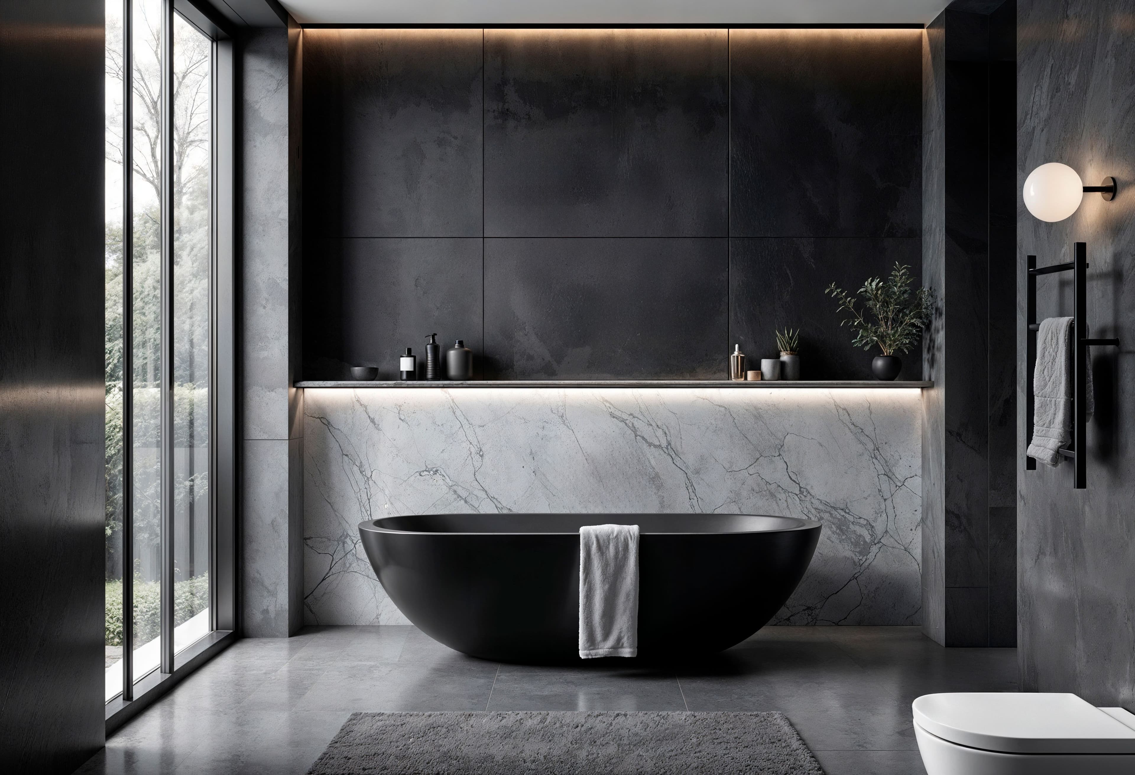 Luxury bathroom featuring matte black fixtures, white tile walls, and a modern walk-in shower.