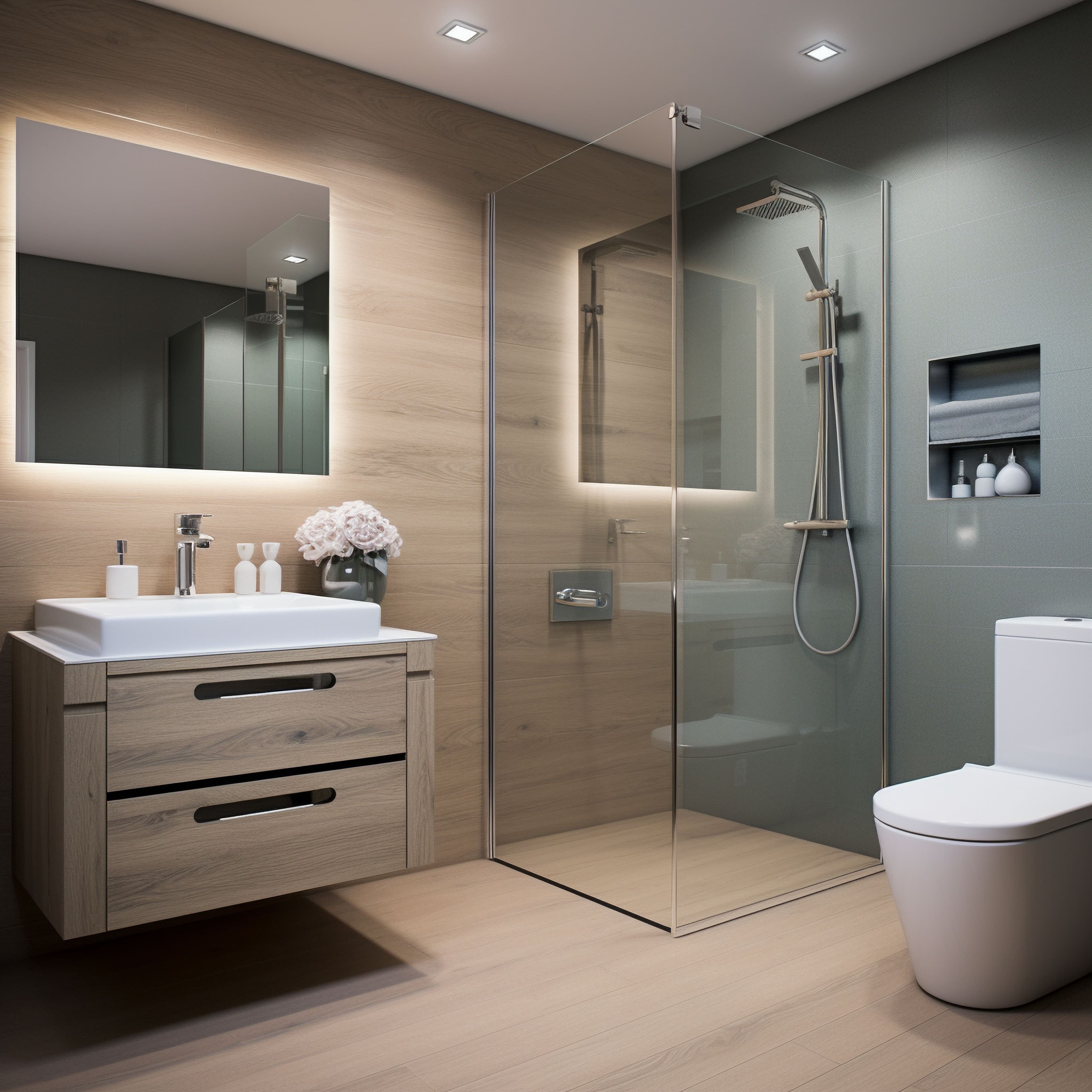 Modern walk-in shower with frameless glass enclosure, large format tile, and built-in niche design.